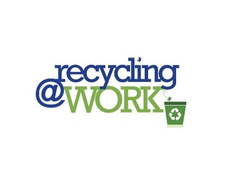 Logo that reads "Recycling @ Work" in blue and green font