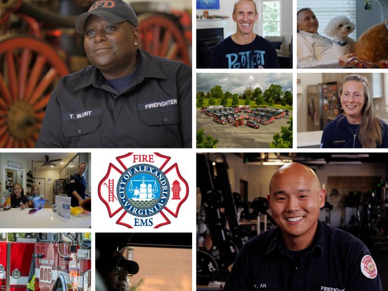 Collage of representation of the Alexandria Fire Department for the "Faces of AFD" human interest video series