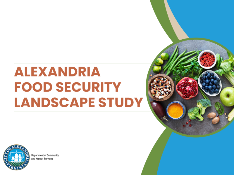 Alexandria Food Security Landscape Study graphic with fruit and veggies on the right