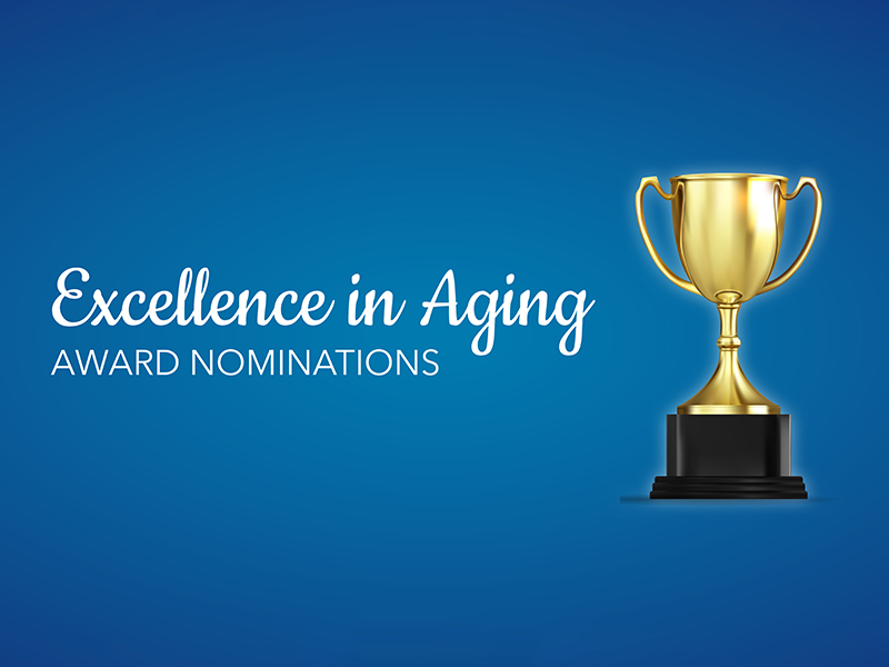 Blue Excellence in Aging award nominations trophy graphic