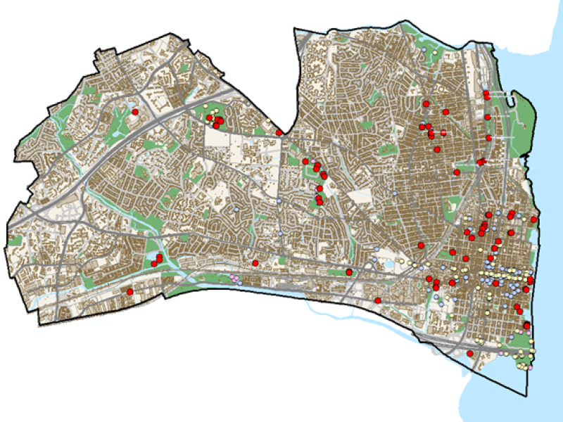 GIS map of Alexandria with dot marking sign locations