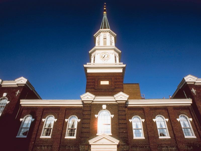 Roofline of City Hall along Royal Street.