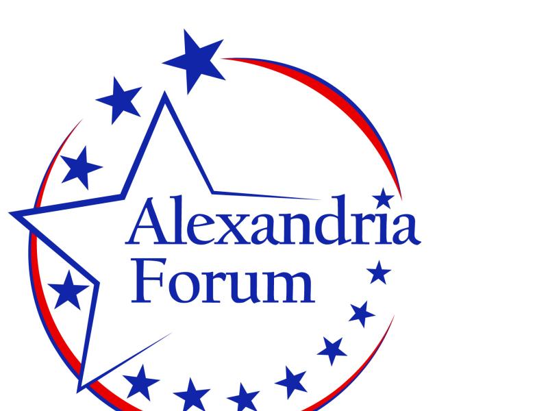 Alexandria Forum logo, blue letters and stars in red circle