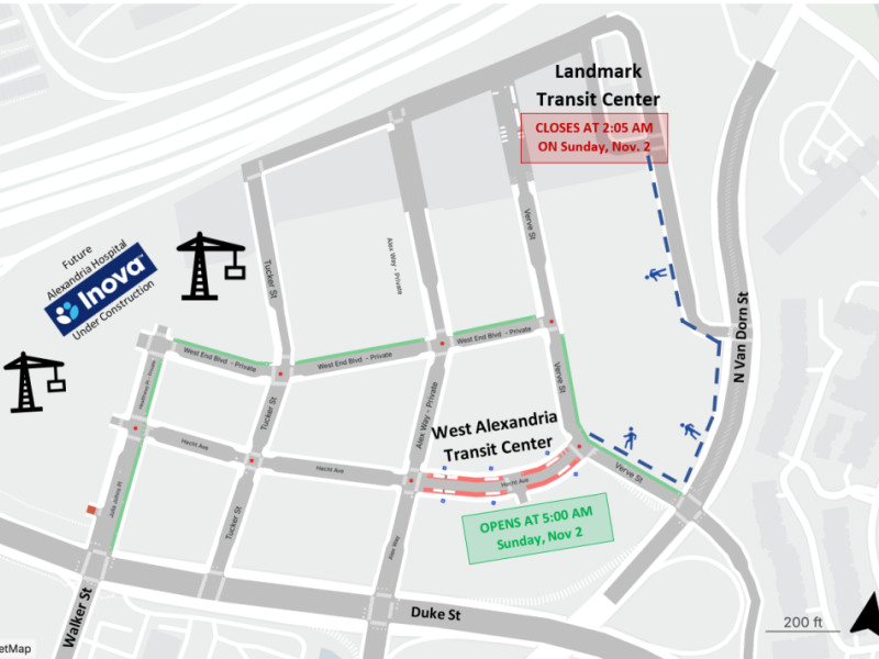 A map of the Landmark redevelopment area, highlighting the new West Alexandria Transit Center on Hecht Street, which runs parallel to Duke Street.