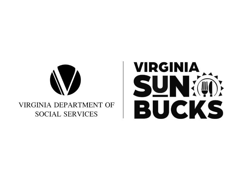 A black-and-white graphic displaying the official logo for "Virginia SUN Bucks". The text reads "VIRGINIA" stacked on top of "SUN", which is stacked on top of "BUCKS". To the right of the word "SUN", there is an icon depicting a fork and knife inside a circular plate, surrounded by stylized sun rays.