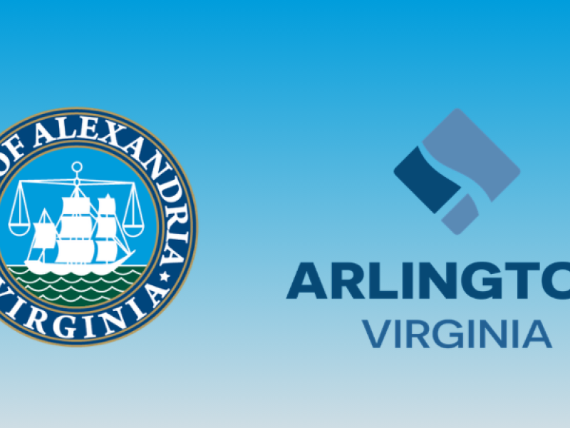 city of alexandria seal on left and arlington virginia logo on right with light blue and gray gradient in background
