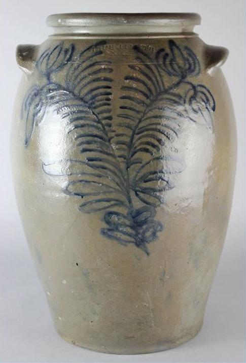 Alexandria stoneware jar by B.C. Milburn, with slip-trailed cobalt decoration (Photo by Gavin Ashworth for Ceramics in America).