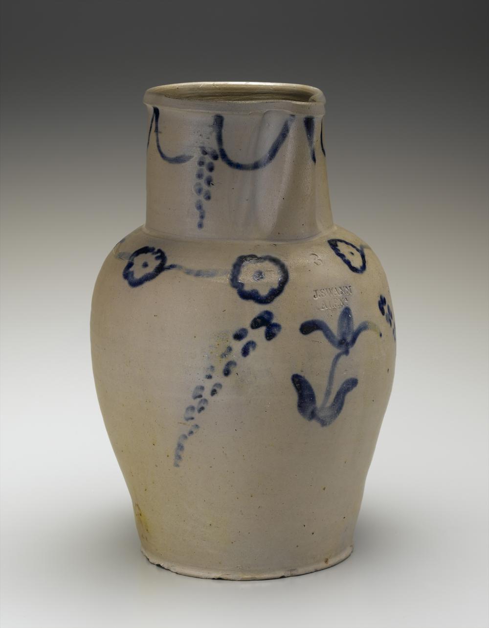 Alexandria stoneware pitcher by John Swann, with cobalt decoration (Photo by Gavin Ashworth for Ceramics in America).
