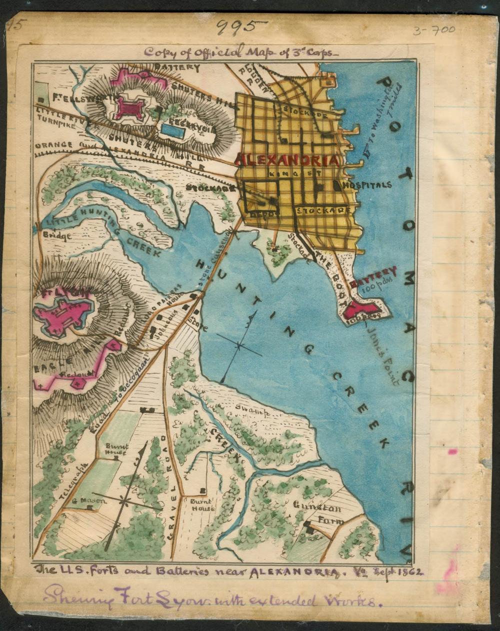 1862, Sneden Map of U.S. Forts and Batteries near Alexandria (Library of Congress)