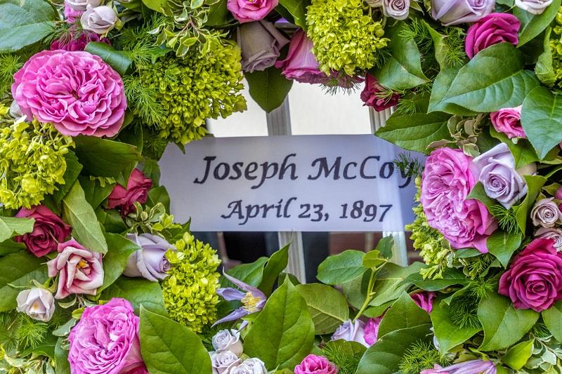 McCoy wreath close-up with ribbon "Joseph McCoy April 23, 1897" (2021)