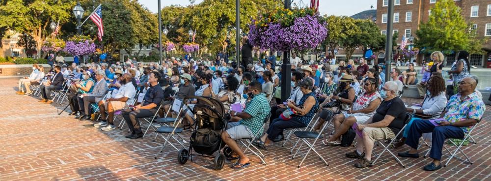 Thomas program audience seated in Market Square, August 8, 2021