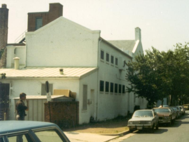 white building where jail was located