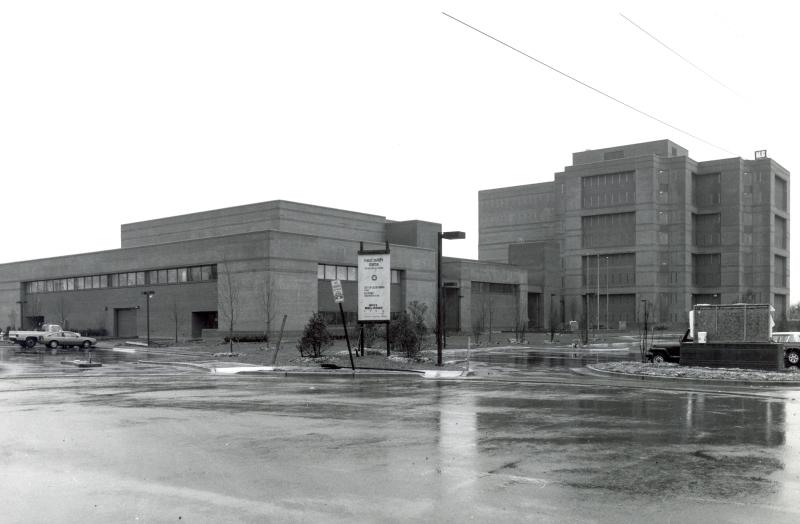 black and white image of brick buildings