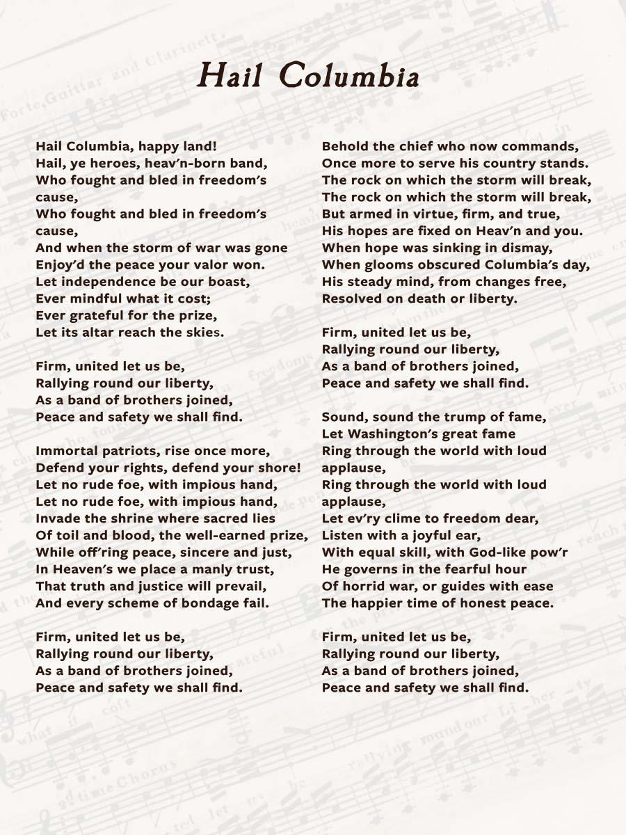 Exhibit panel: Hail Columbia lyrics