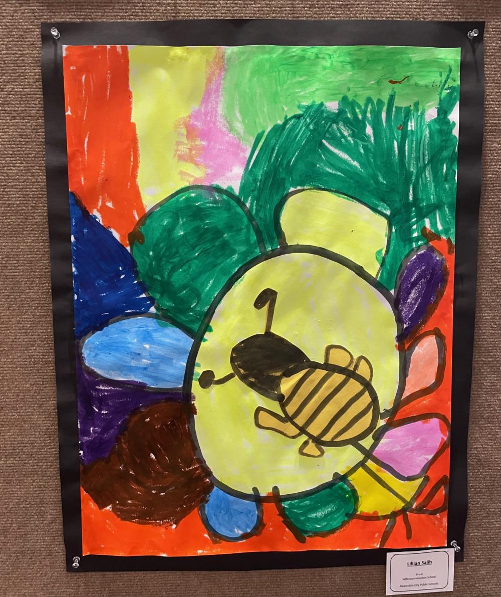Earth Day student art depicting an abstract bee on an abstract colorful flower