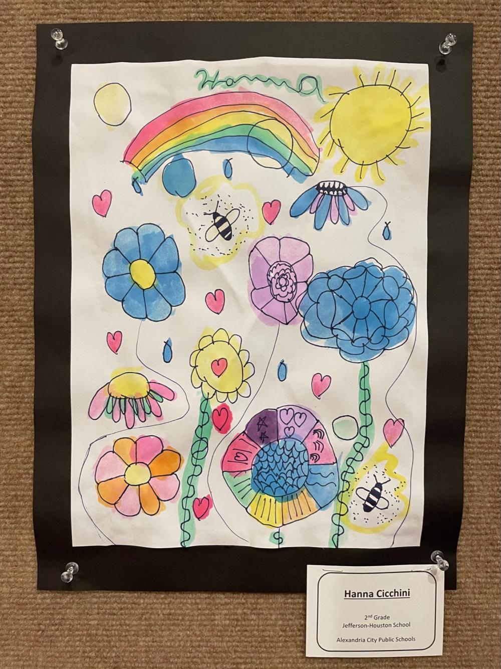 Earth Day student art depicting bees, flowers, rainbows, and a sun