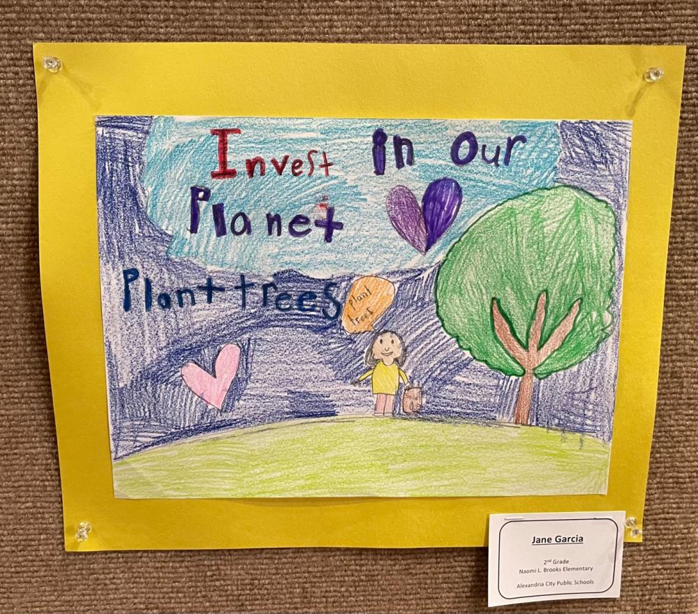 Earth Day student art depicting a tree, a child, a heart, and the words Invest in our planet, plant trees