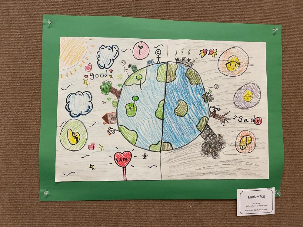 Earth Day student artwork depicting a hand-drawn globe