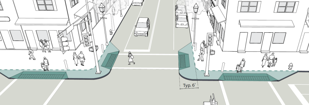 This image from the Complete Streets Design Guidelines shows how curb extensions reduce crossing distances and create more space for pedestrians.