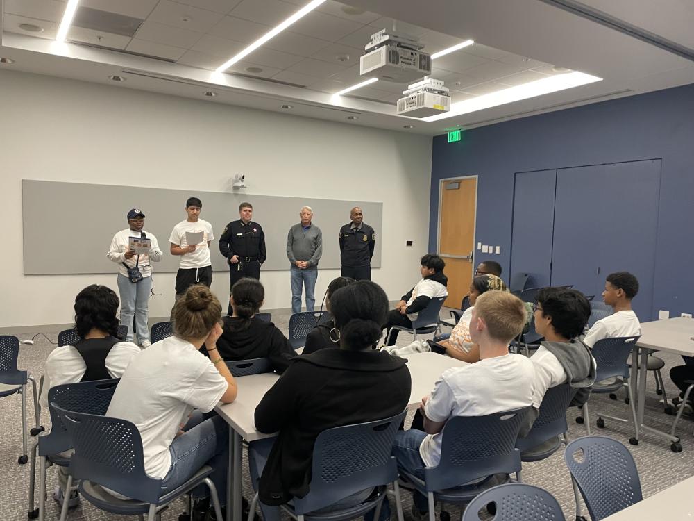 Alexandria City High School JROTC Cadets, along with special guests Sheriff Sean Casey, SAPCA Chair Allen Lomax, and Alexandria Police Chief Don Hayes at the Project Sticker Shock press conference
