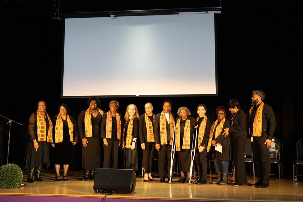 wide shot of city choir singing