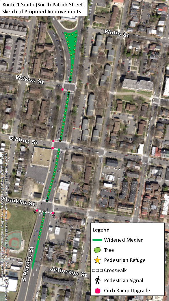 Map of South Patrick Street with overlay indicating the general location of proposed improvements.