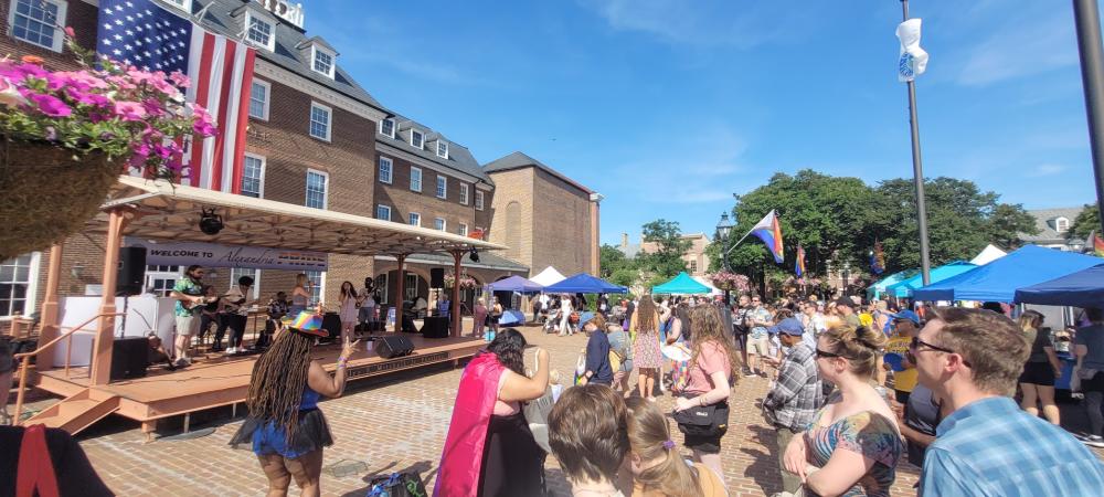 Stage in front of City Hall during pride fair