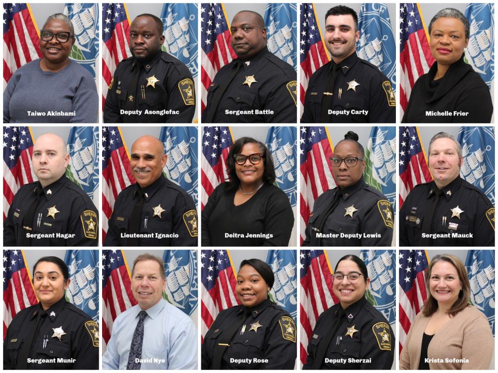 Three row collage with five images in row. Images are formal portraits of deputes in uniform and professional staff in civilian attire with U.S. and City of Alexandria flags in background.