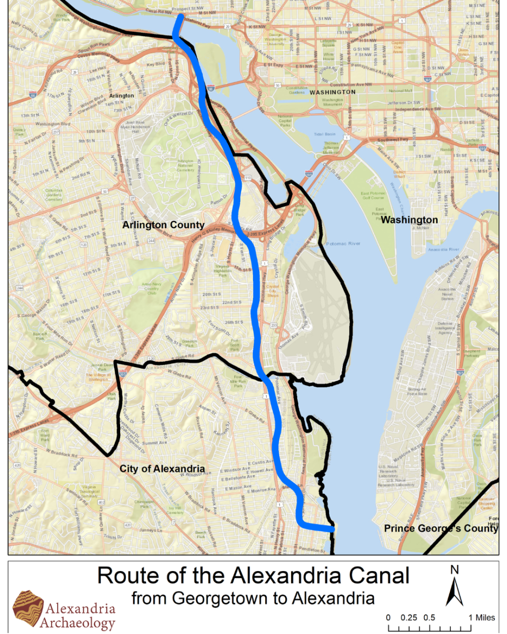 Modern map showing roads and other points of interest between Alexandria and Georgetown, with an overlay of the original Alexandria Canal route roughly paralleling the Potomac River.