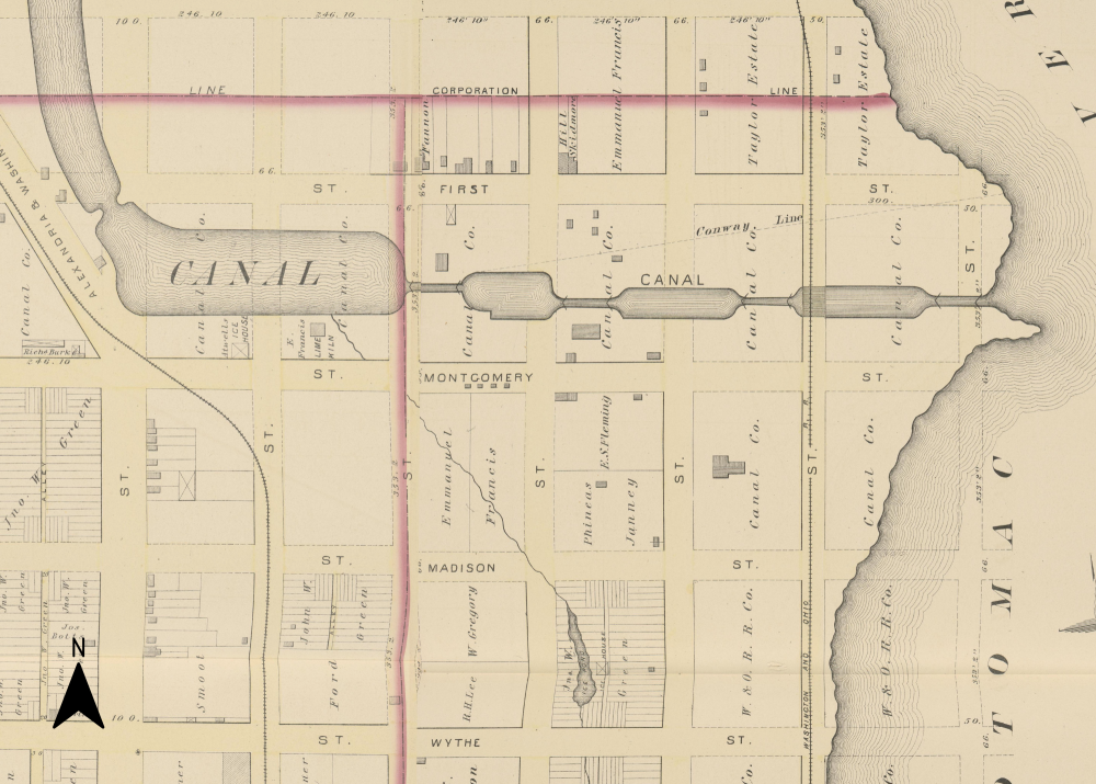 Map of Alexandria in 1877 showing the narrow locks and wider basins of the canal.