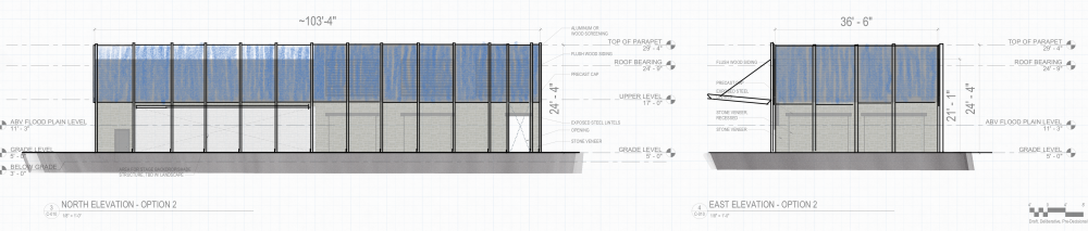 Building concept sketch elevations for the Waterfront Park Pump Station design.