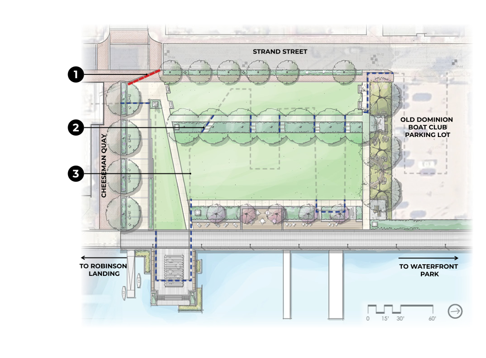 Bird's-eye view rendering of proposed landscape improvements for Point Lumley Park with numbers listing the park's historic shoreline elements.