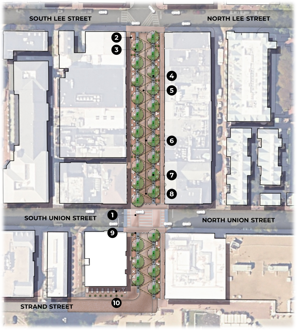 Rendering map of the King Street-Strand Street Pedestrian Area with the promenade area highlighted.