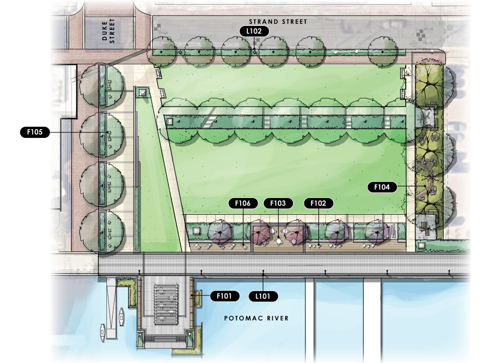 Rendering of proposed plan for Point Lumley Park with index numbers pointing to different lighting features.