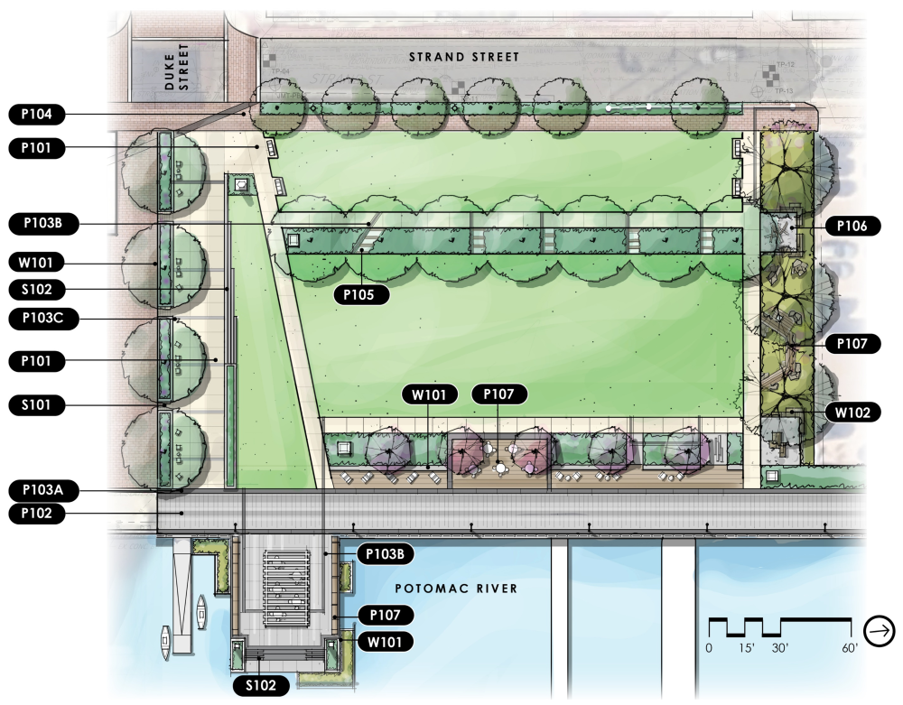 Rendering of proposed plan for Point Lumley Park with index numbers pointing to different paving elements.