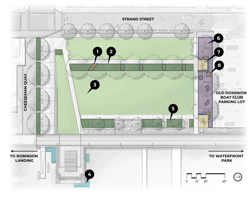 Bird's-eye view rendering of proposed landscape improvements for Point Lumley Park with numbers listing the sustainability features.