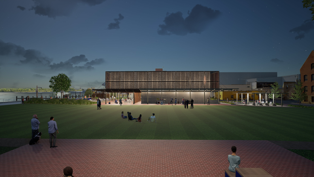 Rendering looking south at the Waterfront Park Pump Station at night.