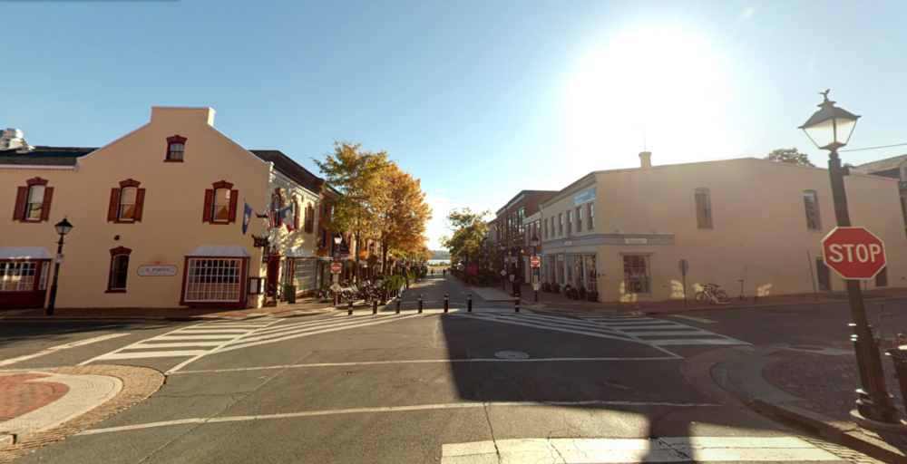 Street-level view of the 100 block of King Street from the King Street-Lee Street intersection.