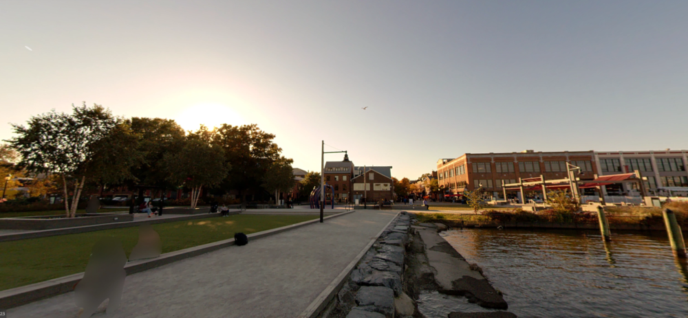 Street-level view of of Waterfront Park and the Torpedo Factory from the northern shoreline.