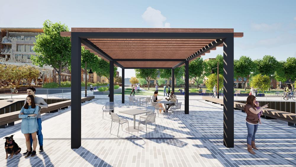 Rendering of Point Lumley Park at street level, looking west through the shade structure.