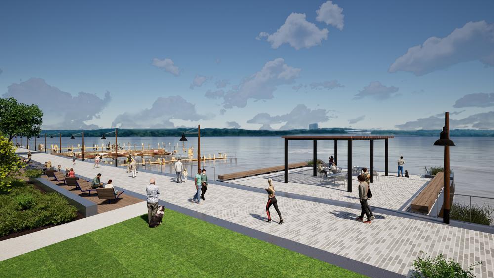 Rendering of Point Lumley Park at street level, looking east at the water