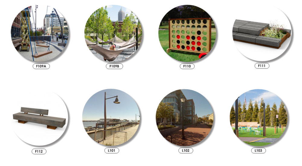 Visuals of proposed furnishing and lighting features used in the Waterfront Park plan.