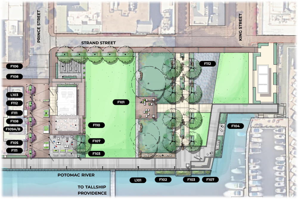 Rendering of proposed plan for Waterfront Park with index numbers pointing to different furnishing and lighting features.