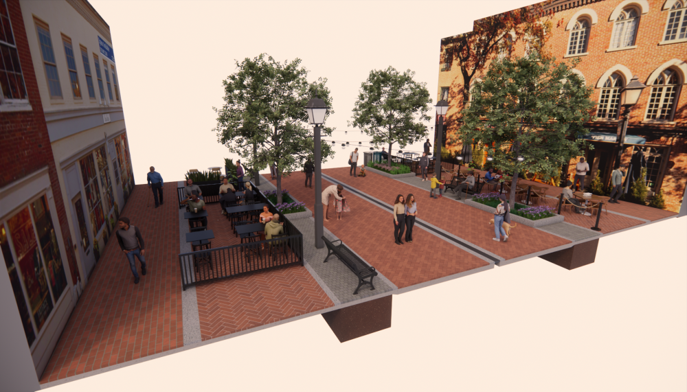 Rendering of streetscape and drainage improvements proposed for the King-Strand Pedestrian Area.