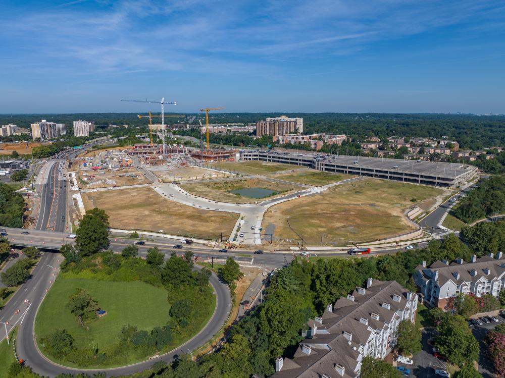 Drone footage of streets built around the former Landmark Mall