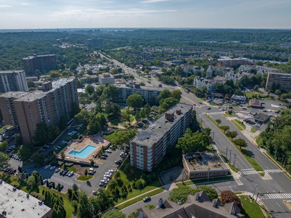 Drone aerial of London Park Towers looking east on Duke St