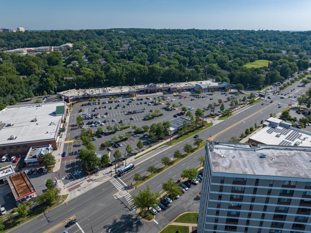 Drone aerial of Shoppes at Foxchase and 4600 Duke St