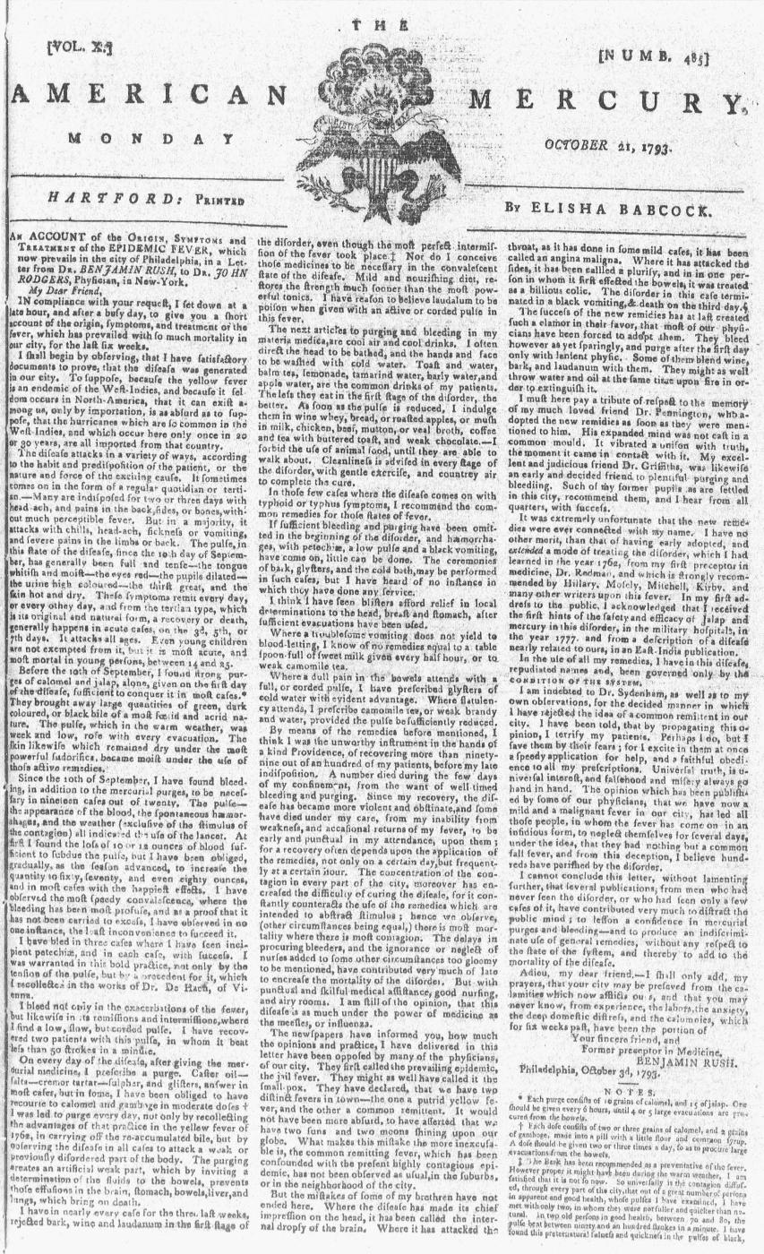 Typed three-column newspaper reprint Dr. Rush's letter about yellow fever in Philadelphia. The top center of the page includes an elaborate eagle design for the newspaper logo.