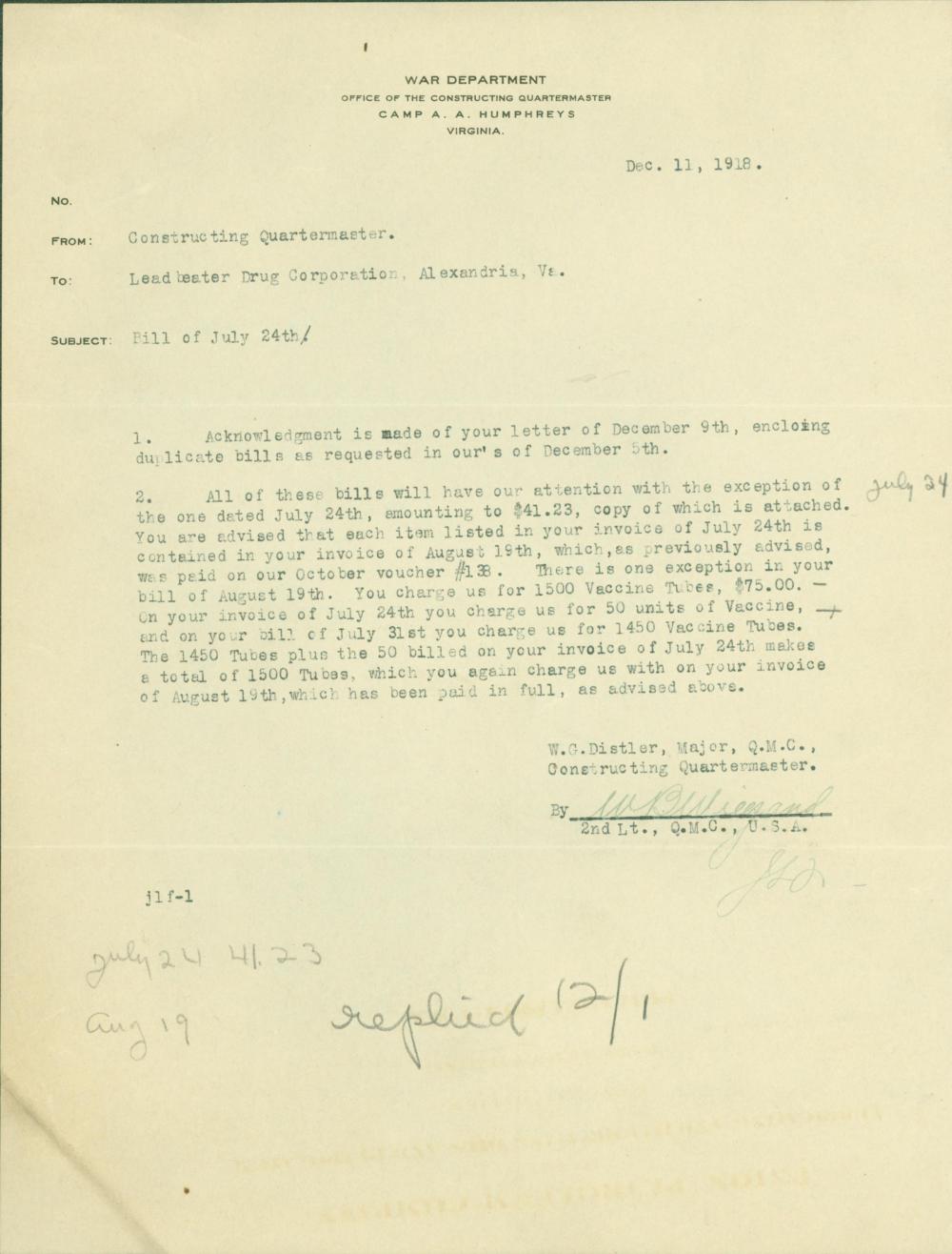 The Quartermaster is writing on War Department letterhead in response to invoices from Leadbeater Drug Corp. confirming they are paid in full for the 1500 units of smallpox vaccine.