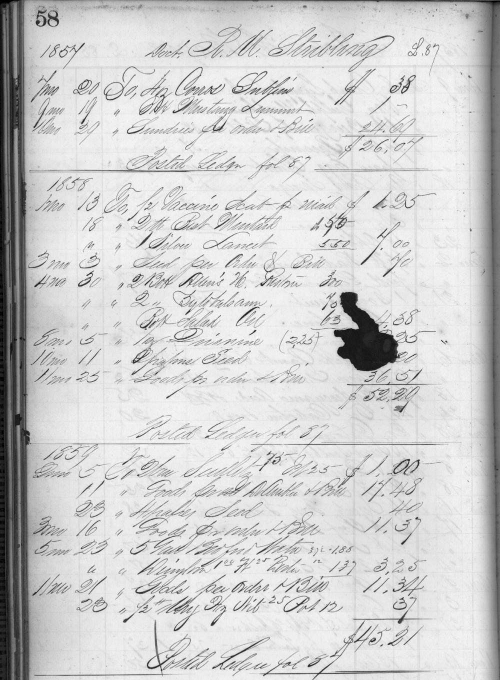 Handwritten page from an account book for Doctor R.M. Stribling. Under 1858 entry lists an order for a vaccine scab by mail.